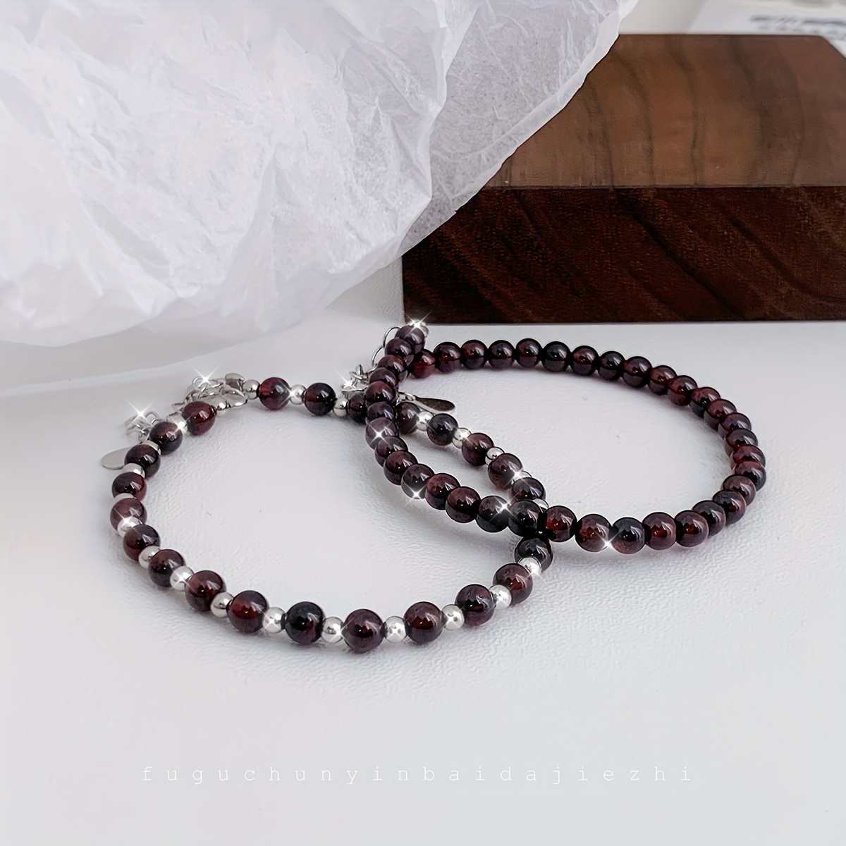 Sterling Silver Garnet Bead Bracelet - Adjustable Round Bracelet
